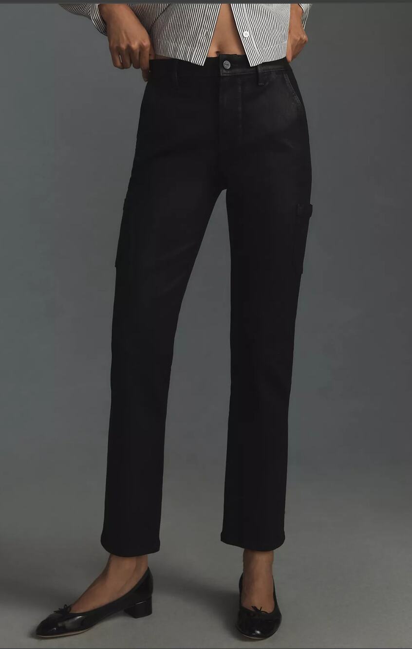 NWT PAIGE Jolie Black Coated Mid-Rise Cargo Jeans - 33 waist